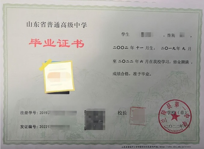 泰山兰陵县第一中学高中毕业证样本