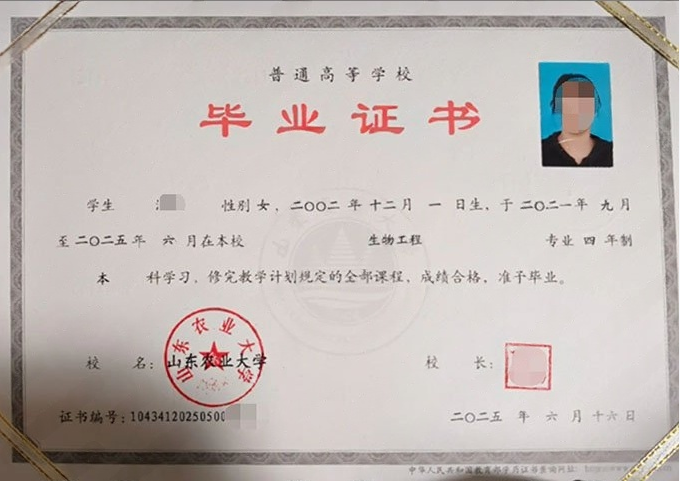 山东农业大学2025年普通全日制本科毕业证书样本图片（生物工程）