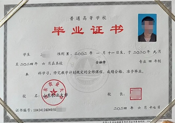 山东农业大学2024年普通全日制本科毕业证书样本图片（金融学）